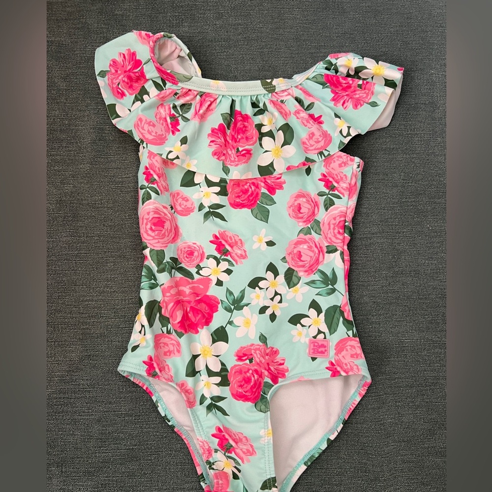 Ruffle Butts Mint Floral One-Piece with Pink Rose Accents
